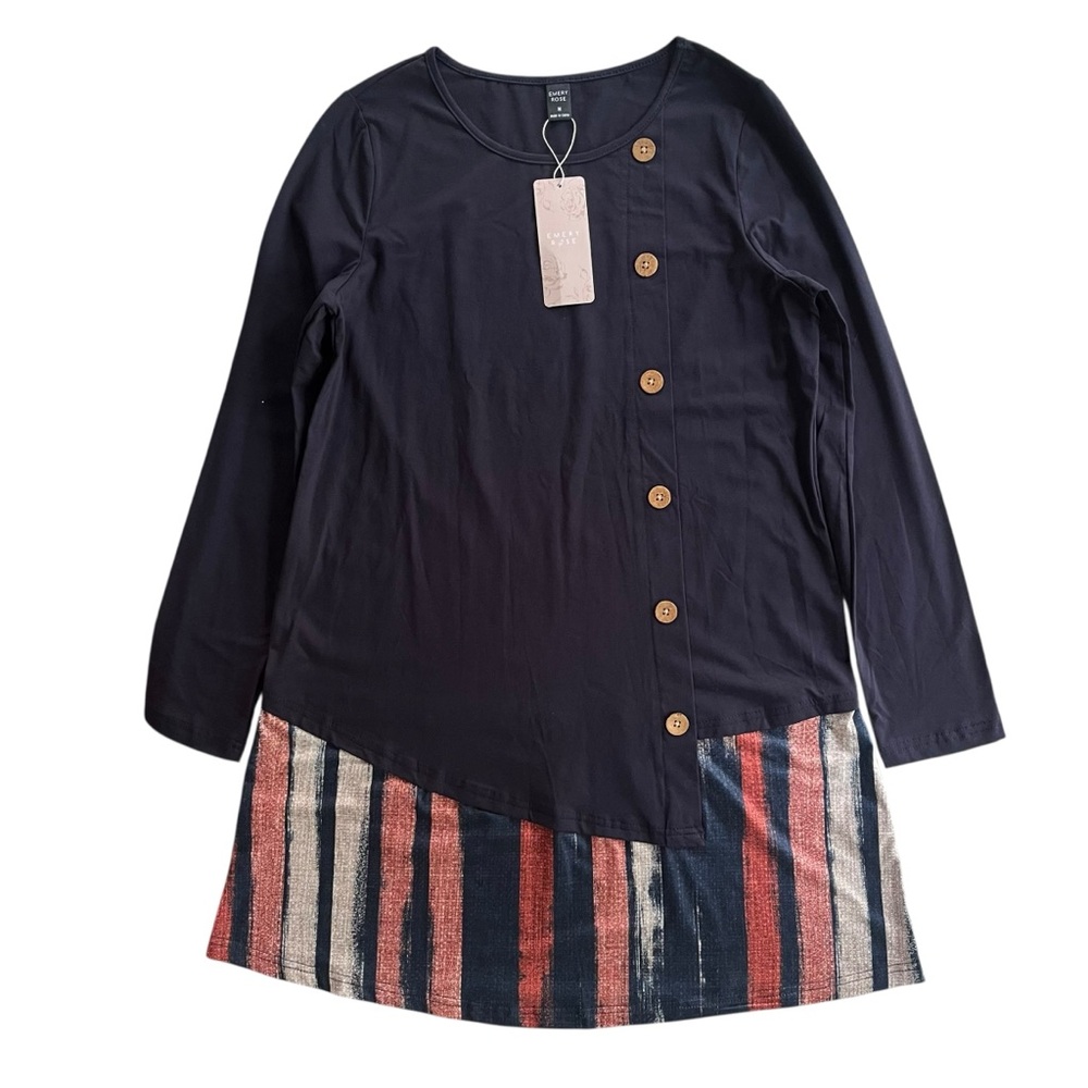Emery Rose Women’s Med Navy Blue Orange Stripe Hem Long Sleeve A-line Knit Dress